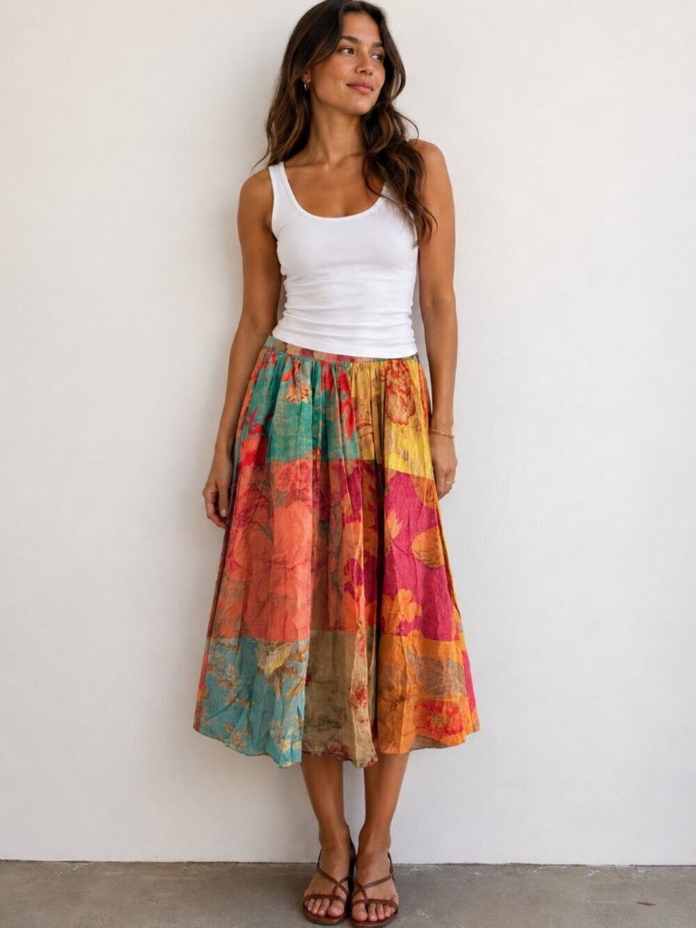 Zara Patchwork Printed Midi Skirt ZW Collection Multicolored Size Small
